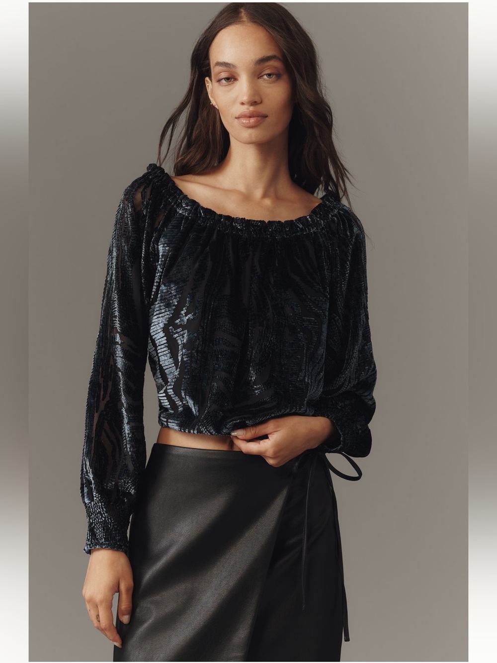 Anthropologie Velvet Burnout Off Shoulder Peasant Top L Blue Black Boho Glam